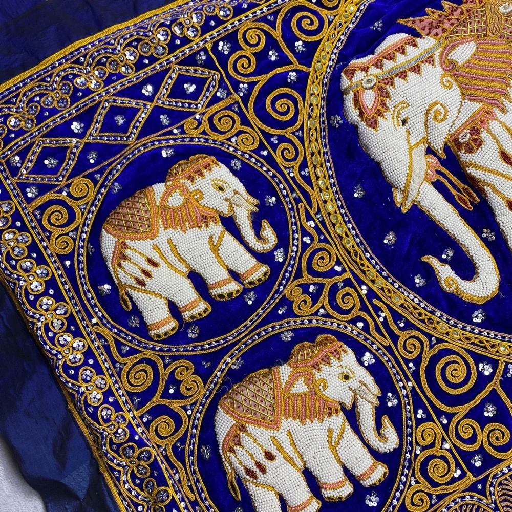 Vibrant Blue Elephant Tapestry Wall Hanging Embellished Beaded Thai Burmese Deco